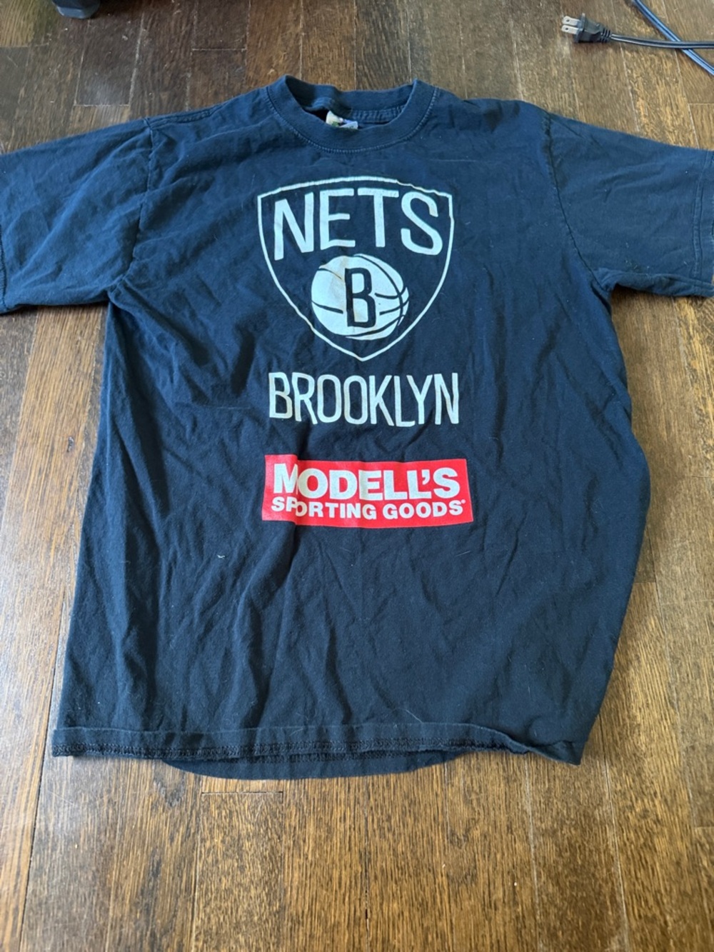 Fruit of the Loom Black Brooklyn Nets Logo Tee with Red Sponsor Box